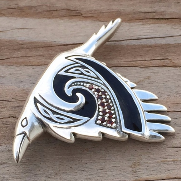 Celtic Raven Pendant solid .925 Sterling Silver w/ genuine garnets Peter Stone - Picture 4 of 8